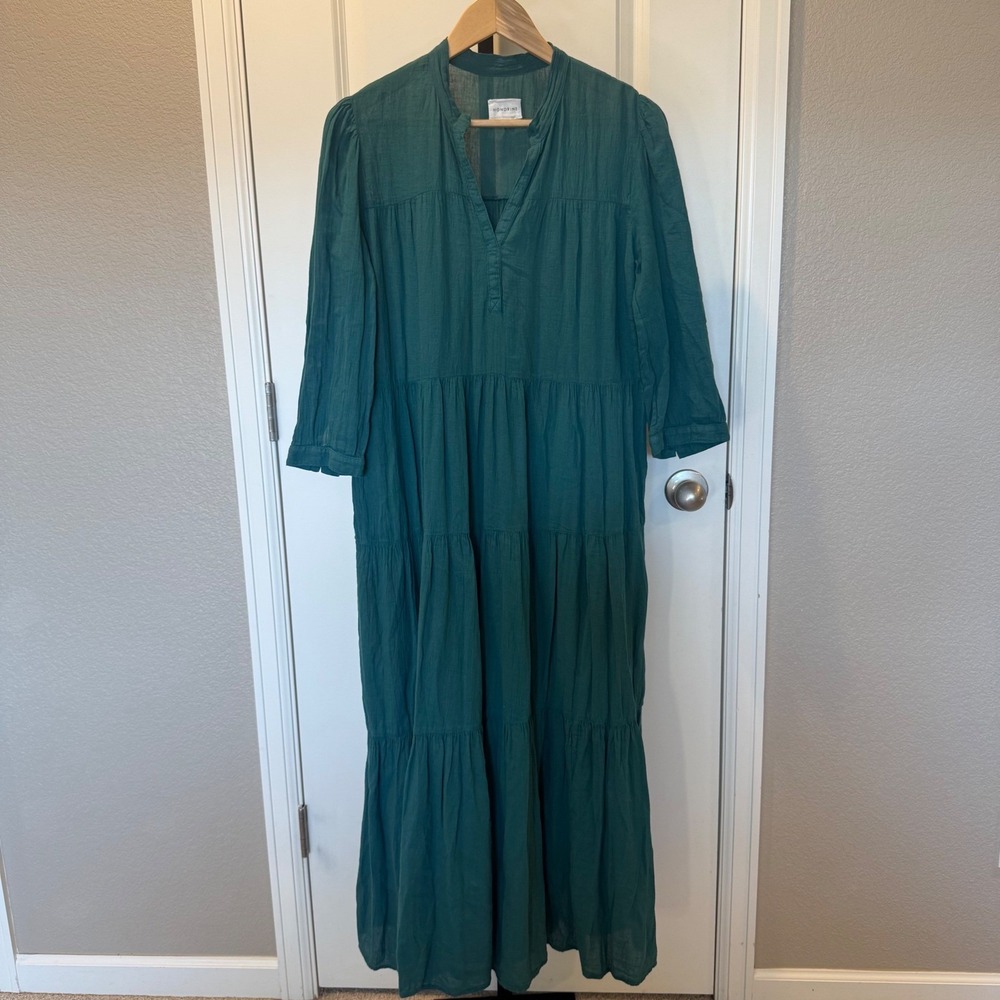 Honorine Lagoon Teal Cotton‎ Gauze Tiered Maxi Dress Boho Resort Vacation Size M
